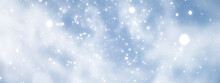 Blue Snowfall Bokeh Background, Abstract Snowflake Background On Blurred Abstract Blue