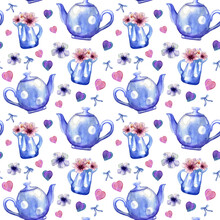 Watercolor Hand Painted Seamless Pattern With Vintage Blue Polka Dotted Teapots And Milk Jugs With Flowers And Herts. Cute Pattern Is Perfect For Aprons, Napkins, Potholders And Other Kithcen Textile.