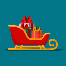 Santa Sleigh With Piles Of Presents. Christmas Gifts Boxes