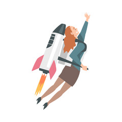 Sticker - Businesswoman Flying on Rocket Ship, Leadership, Successful Startup Business Concept Cartoon Style Vector Illustration