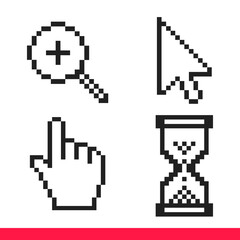 Leinwandbilder - Black and white arrow, hand, magnifier and hourglass pixel mouse cursor icons vector illustration set flat style design isolated on white background.