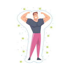 Wall Mural - Healthy Muscular Man Reflecting Bacteria and Viruses Attack, Strong Immune System Concept Cartoon Style Vector Illustration