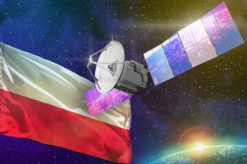 Space communications technology concept - satellite with Poland flag, 3D Illustration