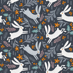 Wall Mural - seamless pattern with rabbit. winter background. vector