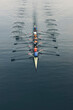 © Mint Images - Overhead view of a crew in an eights boat rowing on a lake