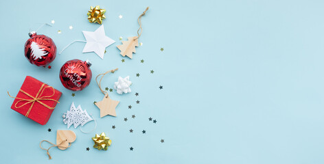 Wall Mural - merry christmas with ornament prop element on color background