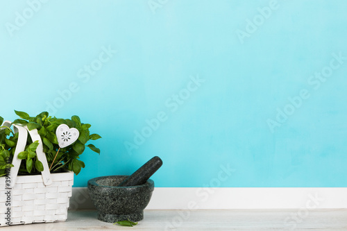 Fotografía Kitchen background with basil plant, mortar and pestle