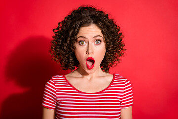 Sticker - Photo of shocked surprised curly young lady wear casual striped outfit open mouth isolated red color background