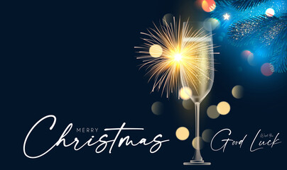 Shining champagne. Merry Christmas and Happy New Year design template with gold champagne glasses, light, fir tree branches and bokeh effect