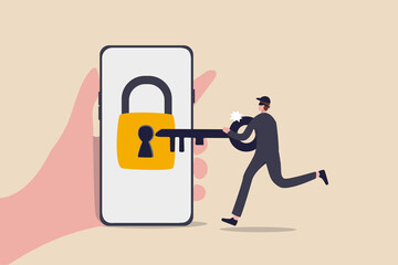 Aufkleber - cyber security, hacker steal money online, phishing or digital banking threat concept, hand holding 