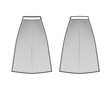 Skirt sunray pleat technical fashion illustration with below-the-knee midi length silhouette, circular fullness. Flat bottom template front, back, white color style. Women, men, unisex CAD mockup