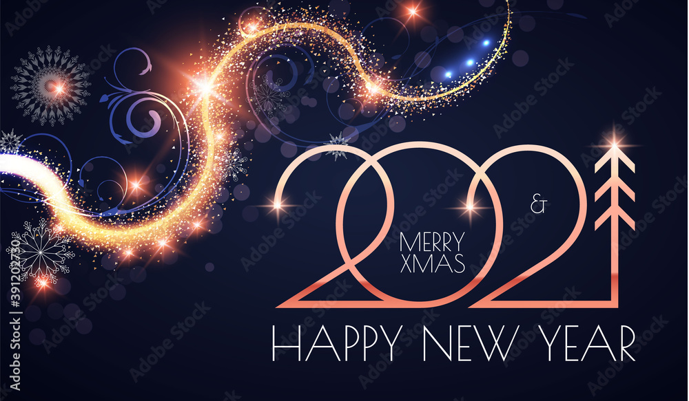 Happy New 2021 Year Elegant gold text with light and shining bokeh effect - obrazy, fototapety, plakaty 