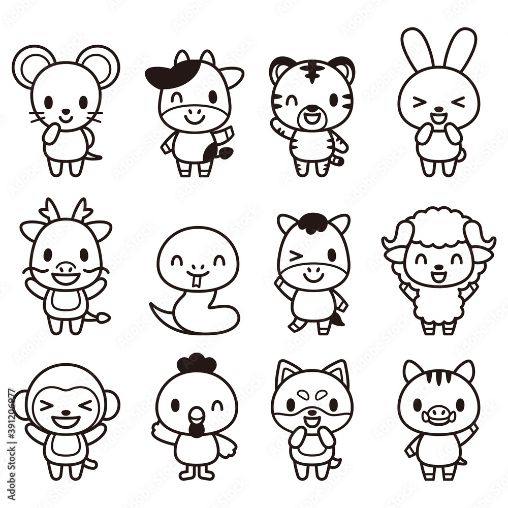 Fototapeta 干支 十二支 かわいいキャラクターセット 白黒 Animal Vector Illustration Kolorowanki Fototapety Ecowall24 Pl