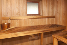 Empty Spa Sauna Interior, Wooden Clad Walls And Seating. 