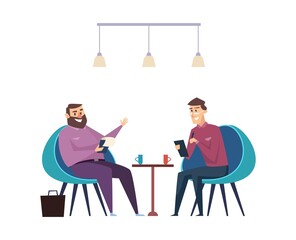 Poster - Colleagues on coffee break. Businessmen drink hot beverages and talk about work vector concept. Office business, coffee break with colleague illustration