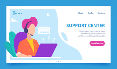 Canvas Print - Support service landing. Web business page person speaking phone digital customers vector template. Support service online, help customer, assistance web call illustration