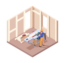 Wooden House Builders. Carpenter Workers Interior Framing From Wood Renovation Processes Plank Construct Vector Isometric. Wood Worker Carpenter, Lumber Industry Development 3d Illustration