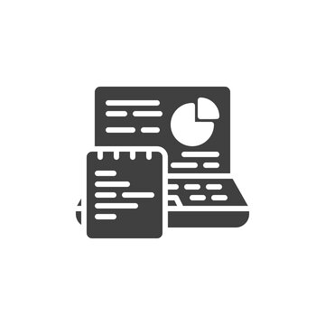 Online business analytics vector icon. filled flat sign for mobile concept and web design. Laptop with business statistics glyph icon. Symbol, logo illustration. Vector graphics
