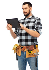 Wall Mural - profession, construction and building - worker or builder with tablet pc computer and tools over white background