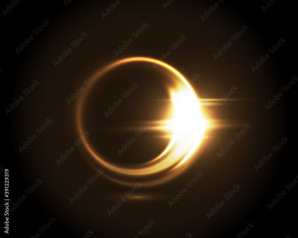Circular lens flare golden light effect. Abstract ellipse yellow luxury shining rotational glow line. Power energy element. Glowing ring trace background. Round shiny vector circle swirl trail - obrazy, fototapety, plakaty 