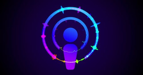 Poster - Podcast symbol with colorful bright equalizer waves around the circle of the logo. Seamless Listening to Podcasting Radio Services.