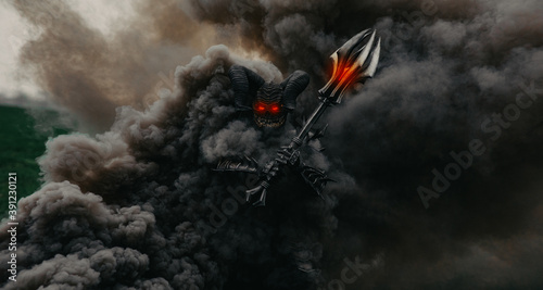 Fotomural Mutant warrior stands and holds mace against a background of black smoke