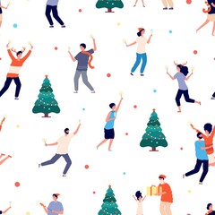 Wall Mural - People celebrate christmas. Happy man woman girl with drinks and fireworks, santa and x-mas tree vector seamless pattern. Cartoon people with cocktail cheerful celebrate