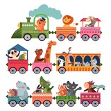 Cute animals train. Playful children zoo, trains with cute cartoon giraffe tiger lion. Kid birthday characters, funny travel vector concept. Train locomotive with animal on railway illustration