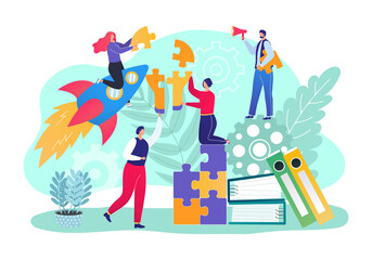 Canvas Print - Business teamwork for idea, team people make puzzle concept, vector illustration. Businessman woman put together jigsaw for success work. Partnership, cooperation connect flat design.