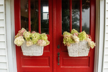 Closeup Shot Of Beautiful Flowers In The Basket Hanging On The Red Doors