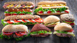 Assorted sandwiches on wooden background.