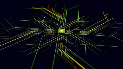 Poster - Abstract futuristic electronic circuit boardwith moving signals. Animation. Neural network and big data, artificial intelligence of a digital gadget board.