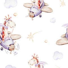 Watercolor purple illustration of a cute animal safary giraffe and fancy sky scene complete with airplanes and balloons, clouds. Baby Boy and girl pattern. baby shower