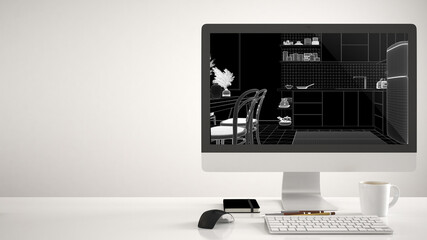 Aufkleber - Architect house project concept, desktop computer on white background, work desk showing CAD sketch, modern kitchen, dining room, table with wooden chairs, carpet, cabinets and decors