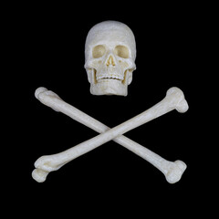 Wall Mural - human skull and crossed bones on a black background, a sign stop, be careful, dangerous.