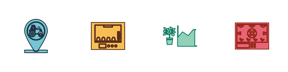 set tractor and location, incubator for eggs, flower statistics and smart farming technology icon. v