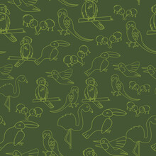 Kawaii Hand Drawn Exotic Birds Repeat Pattern Print