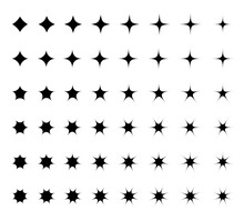 Flat Design Decorative Elements. Set Of Black Silhouettes Of Sparkling Stars. Shiny Particles. Symbols Of Radiance And Purity. Isolated Vector Objects.