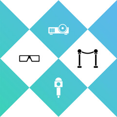 Canvas Print - Set 3D cinema glasses, Microphone, Media projector and Rope barrier icon. Vector.