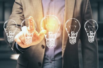 Poster - Businessman hand pushing five drawing light bulbs.