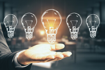 Poster - Businessman hand holding five drawing abstract light bulbs.
