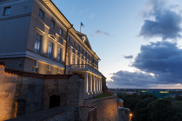 Wall Mural - The government house. Evening top view of night Tallinn, Estonia.