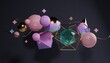 Cluster of abstract spheres and solids, gold, pink and teal, 3d render / rendering
