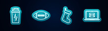Set Line Fitness Shaker, American Football Ball, Christmas Sock And Laptop With Envelope. Glowing Neon Icon. Vector.