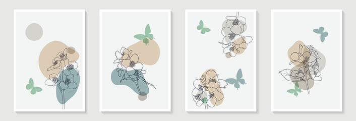 Set of creative minimalist hand draw illustrations floral outline, butterfly silhouette and pastel simple shape for wall decoration, postcard or brochure cover design