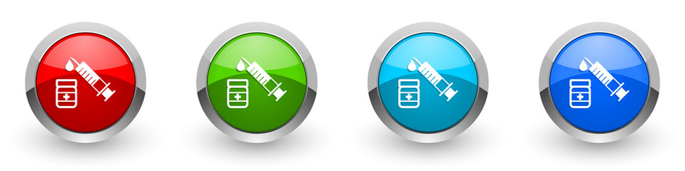 Aufkleber - Vaccine, syringe silver metallic glossy icons, set of modern design buttons for web, internet and mobile applications in four colors options isolated on white background