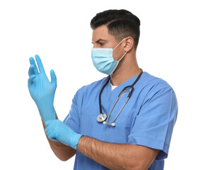 Canvas Print - Doctor in protective mask putting on medical gloves against white background