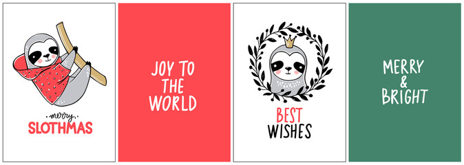 Cute Sloth, Merry Christmas cards collection. Vector funny illustrations for winter holidays. Doodle lazy sloths bears and lettering inscriptions. Happy New Year and Xmas animals set