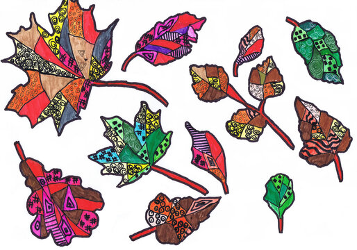 Multicolored autumn leaves on a white background. Children's drawing, color graphics