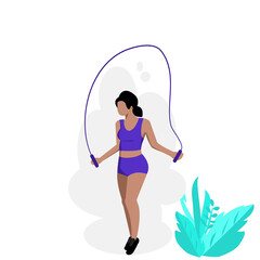 Cartoon no face of slim fit girl doing exercises with jumping rope,Woman wearing purple sportswear in outdoors activities in summer time. Movable girl  jumping having fun.Vector isolate flat design.